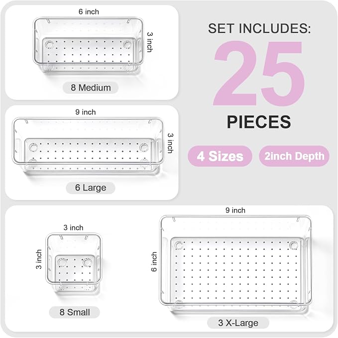 25 Pcs Makeup Drawer Organizer Set, 4 Sizes Versatile Bathroom and Vanity Drawer Organizer for Makeup, Non-Slip Desk Organizer Trays for Bedroom, Office, Fits Jewelry and Office Supplies