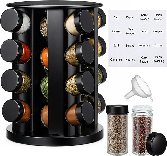 Yungyan Black Rotating Spice Rack Seasoning Organizer with 16 Empty Jars, Spice Containers Set with Labels and Funnel, Revolving Seasoning Rack for Kitchen Accessories