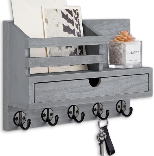Key Holder Wall Mount, Mail Holder with Storage Drawer and 5 Key Hooks for Coat, Dog Leash, Home Decor Rack, House Accessories, Entry Way Organizer (Gray)