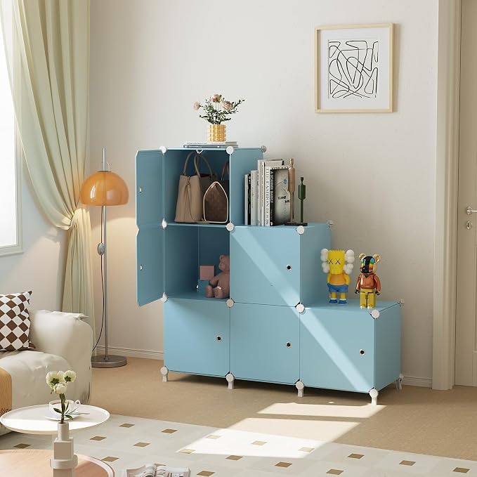 6Cube Storage Organizer Modular Stackable with Doors Blue | Sturdy plastic 6-cube cabinet with doors, 30x30x30cm per cube, tool-free snap assembly, ideal for bedroom, stairs, closet.