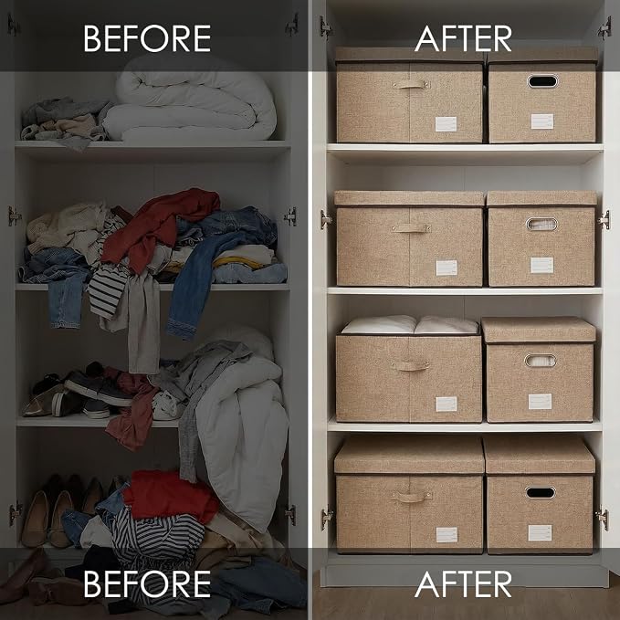 PRANDOM Storage Bins with Lids [3-Pack] Jute Fabric Foldable Storage Boxes Organizer Containers Baskets Cube with Cover for Home Bedroom Closet Office Nursery khaki（23.4X15.9X11.5