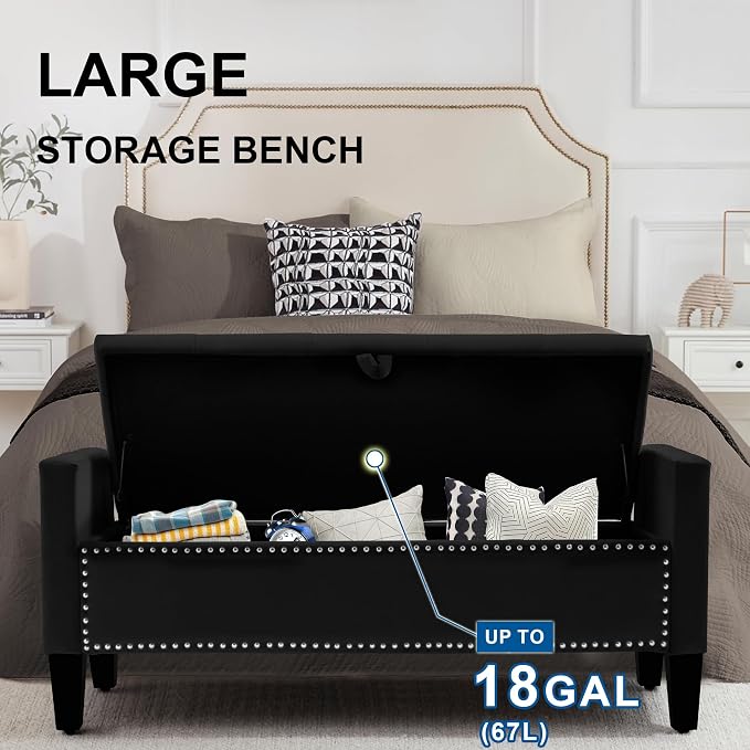 Storage Ottoman Bench, Velvet Upholstered Footstool for Bedroom and Living Room, Tufted Seat with Storage, Wooden Legs & Metal Rivets, Black