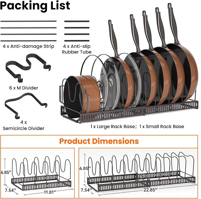 MUDEELA Expandable Pot Pan Lid Organizers inside Cabinet, 10 Divider-Bronze | Expandable 11.8–22.9", 10 Adjustable Divider, Tool-Free Assembly, Non-Slip, Scratch-Proof, For Pan Lid Cutting Board Bakeware
