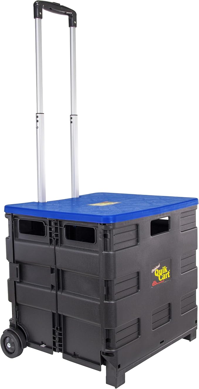 dbest products Quik Cart Collapsible Rolling Crate on Wheels for Teachers Tote Basket, 80 lbs Capacity, Blue Lid Made from Heavy Duty Plastic and used as a Seat | with Wheels, Roll Up to 80 lbs Capacity, Heavy Duty Plastic Construction, Telescoping Han...