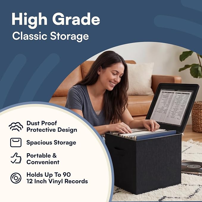 Vinyl Record Storage Box with Zip Closure 2 Pack, Black 2 Pack | Holds up to 90 12 inch LPs · Collapsible and stackable crate