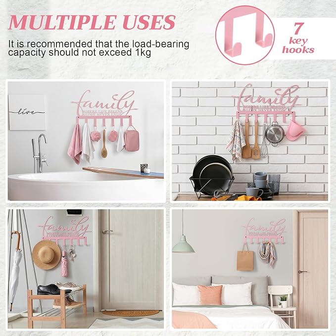 Hicarer Family Key Holder Metal Hooks Decorative Hanger Pink Rack Wall Mount Organizer with Screws and Anchors for Keys Hat Kitchen Entryway Front Door Home Decor