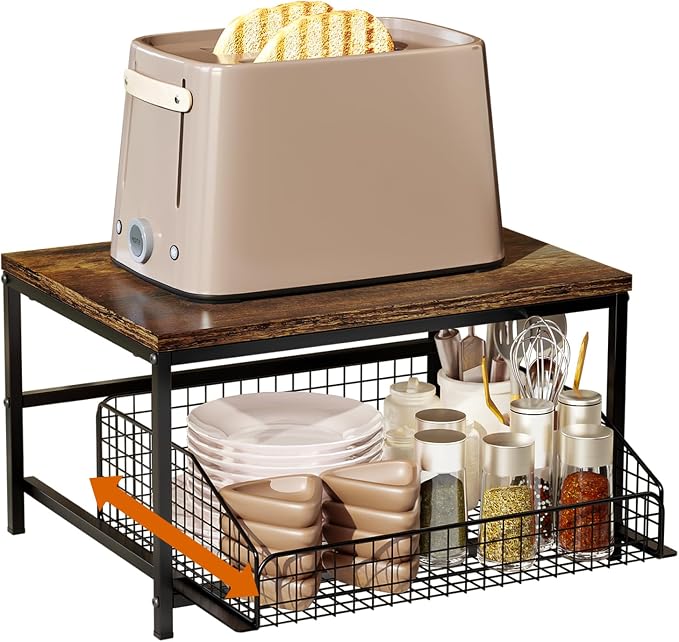 KLM Pull Out Spice Rack Organizer for Cabinet,Rustic Wood Top with Wire Basket Storage,Kitchen Countertop Organizer and Storage for Pantry, Counter top,Coffee Station Wood. (Brown)