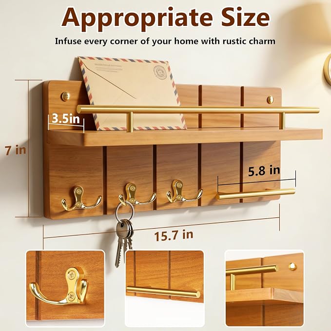 15.7” Solid Teak Wood Key Holder Wall Mount with Shelf and Hooks | Crafted from natural solid teak wood with unique grain patterns, bringing warmth and elegance to your entryway, large size