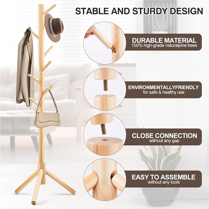 WANGMUXIA 2 PCS Coat Rack, Freestanding Coat Rack with 8 Hooks and 3 Adjustable Size Tree Coat Racks for Bedroom, Hallway, Entrance, Office, for Hats, Coats, Scarves, Handbags