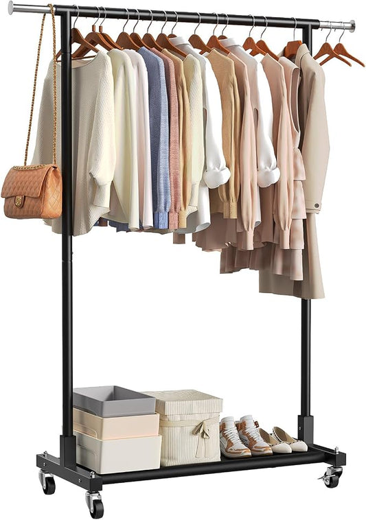 Luxspire 350LBS Heavy Duty Clothes Rack Black Rolling Garment Rack, Black | Rustproof iron frame, extendable hanging rod, oxford bottom storage, lockable casters for bedroom laundry balcony