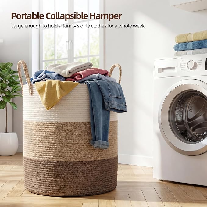 OIAHOMY Large Laundry Basket Hamper - 60L Cotton Rope Woven Basket for Blankets, Toys, Clothes - Tall Decorative Nursery Hamper with Long Handles, Gradient Brown
