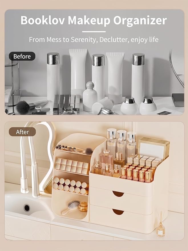 Booklov Small Makeup Organizer for Vanity Countertop, Cream | Plastic Cosmetic Display Case with Drawers, Beauty Brush Holder for Bathroom Counter, Skin Care Perfumes Storage