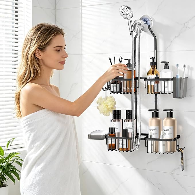 Adjustable Hanging Shower Caddy for Handheld Showerhead, Rustproof Aluminum Over Shower Head Organizer, Renter-Friendly No-Swing Storage for Tall Bottles & Soap, 2-Tier, Black