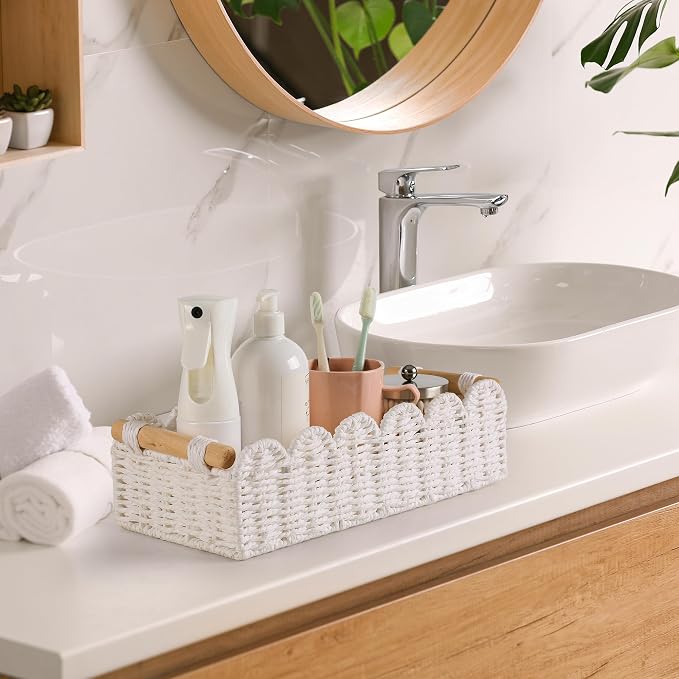 Bathroom Decor Basket for Toilet Paper Storage Baskets For Organizing | For Bedroom Living Room Kitchen Home Decor Scalloped Cute Basekt With Handle for Apartment Countertop,White