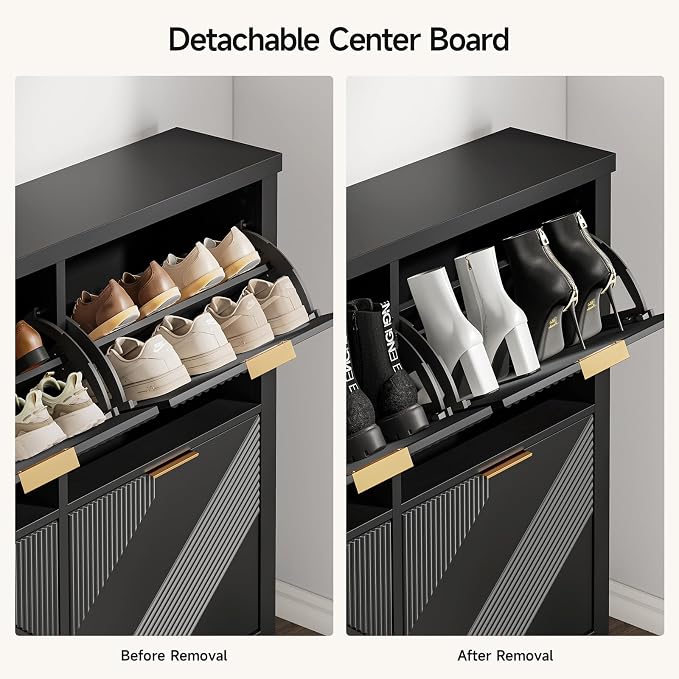 Shoe Cabinet with 4 Flip Drawers & Symmetric Groove Pattern for Entryway | 44.5''W x 9.2''D x 39.4'' Black Fit for 16-24 Pairs of Shoes Slim Narrow Hidden Shoe Storage Cabinet for Hallway Living Room