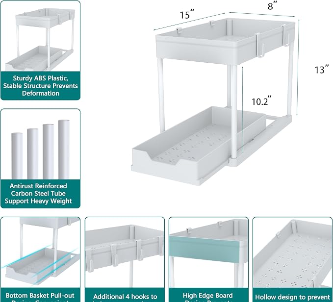 DEKAVA Cabinet, 2 Pack Under Sink Organizer, 2 Tier Sliding Bathroom Kitchen Organizer, Large White ABS Baskets, Easy Install & Clean