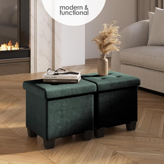 Storage Ottoman Cube with Small Bin, 15-in Square Ottoman with Storage for Living Room and Bedroom, Small Ottomans Foot Rest, Velvet Foot Stools Ottomans Max 330lbs, Green