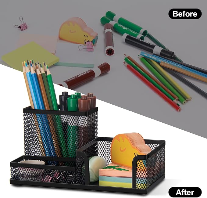 Comix 2 Packs Mesh Pen Holder, Desk Organizer for Home Office, Black | 3 Compartment Pencil Holder, Sticky Notes Holder, Pen Organizer Office Supplies