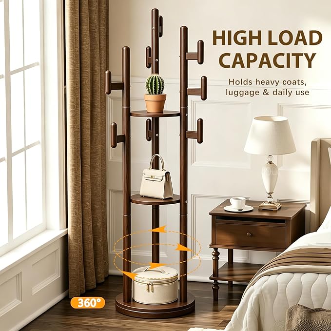 Rotary Coat Rack Freestanding - Solid Wood Coat Tree with 9 hooks & 3 Storage Shelves for Purse, Bag, Jacket, Hat, Corner Hanger Stand Racks for Hall, Entryway, Office, Modern Clothes Holder