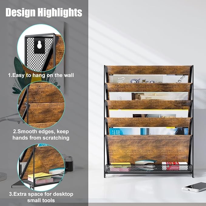Wall File Organizer for Office, 6-Tier Rustic Hanging File holder Wall Storage Rack for Documents/Magazine/Literature/File Folders/Mails/Envelopes, Brown