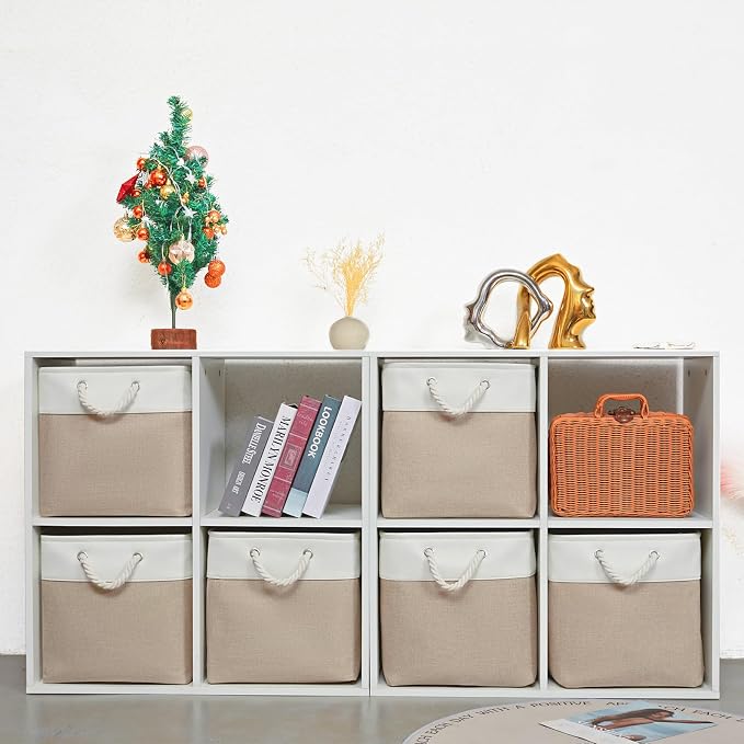 13 Inch 6 Pack Foldable Fabric Storage Basket with Handles | Home Cube Storage Basket,Large Cube Storage Bins,Closet Storage, Home Organizer(White&Beige)