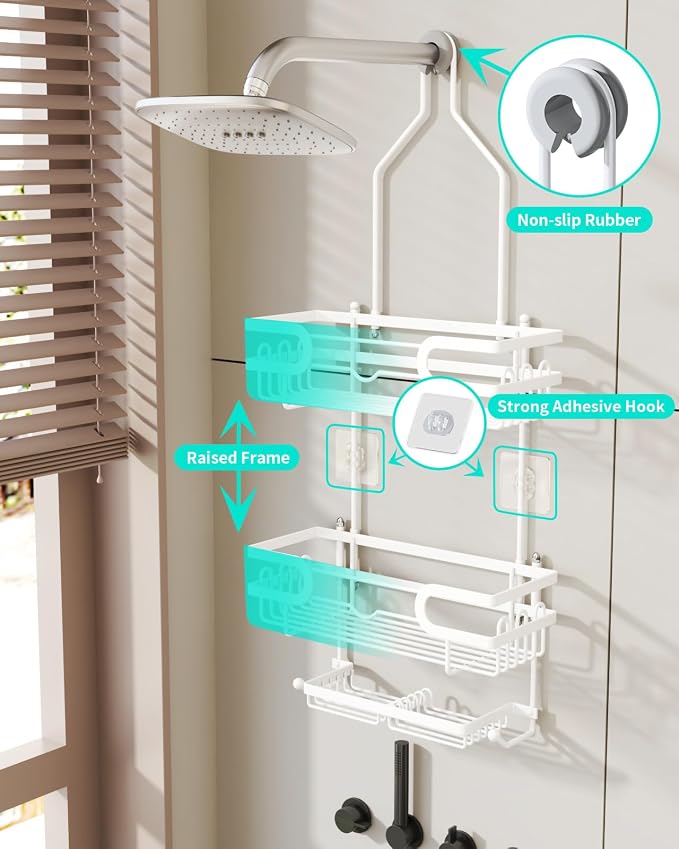 HapiRm Bathroom Hanging Shower Caddy - Rustproof Shower Shelf with 12 Hooks and 2 Soap Holders, No Drilling Bathroom Organizers and Storage - White