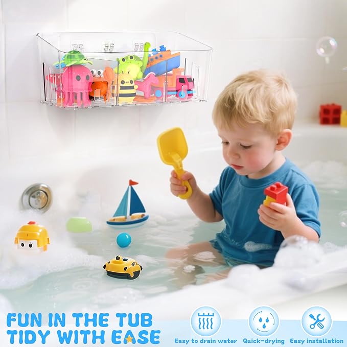 Bath Toy Storage 4 Packs, Large Bath Toy Holder - 3 Compartments, Quick-Dry | BPA-Free Bathtub Toy Organizer, Wall-Mounted Adhesive Shower Caddy, Bathroom Toy Basket & Bin for Baby, Toddler, Kids, Clear