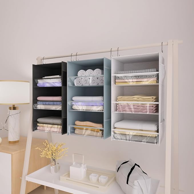 3 Shelf Hanging Closet Organizer Front Lip Design, Wider and Foldable Hanging Closet Wardrobe Storage Shelves with 4 Side Pockes, Clothes Handbag Shoes Accessories Storage, Gray