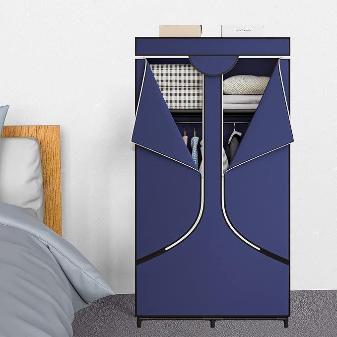 SORCEDAS Portable Closet Wardrobe with Hanging Rods Shelves Clothes Storage | 34 Inch Closet Organizers and Storage with Non-Fabric Cover,Freestanding Clothes Closet for Bedroom,dorm,Storage Rooms Blue