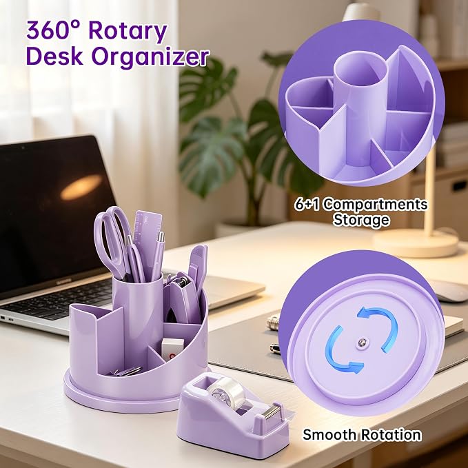 deli Office Supplies Set, Desk Accessory Organizer Kit, Purple | Stationary Set, Desk Supplies with Rotating Multi-Functional Pen Holder &Stapler Set for Office, School, Home
