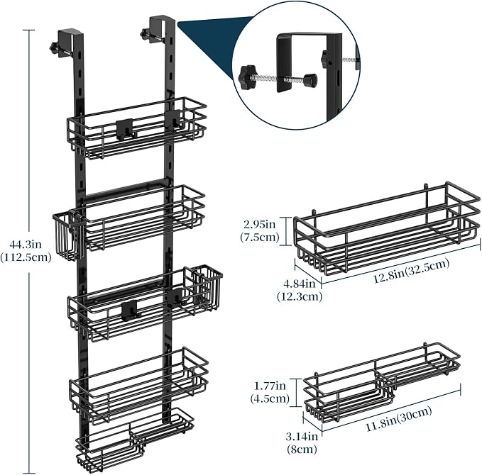 Consumest Over The Door Shower Caddy - 5 Tier Adjustable Shower Organizer Hanging with 2 Toothbrush Holders & 4 Hooks, Rustproof Organizer Shelf, Storage Rack for Bathroom, Black