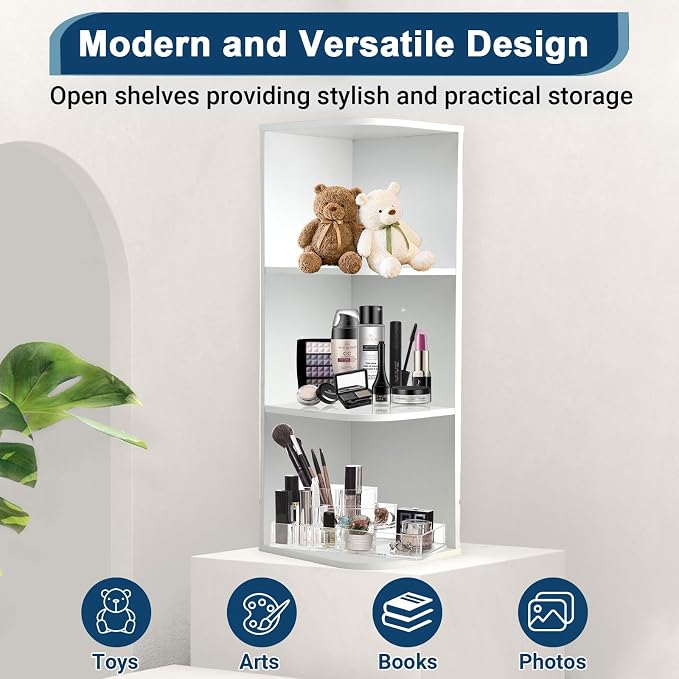 Whitmor 3 Tier Corner Open Shelf, 3 Cube Display Corner Bookshelf, Open Storage Display Bookcase, Storage Cabinet for Living Room, Bedroom, Home, Office, 9.3" L x 12" W x 31.5" H, White