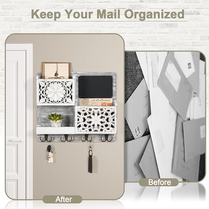 Mail Organizer Wall Mounted | 2 Slots Key Holder for Wall with 8 Hooks, Rustic Wood Key Rack with Shelf for Entryway Hallwall Farmhouse