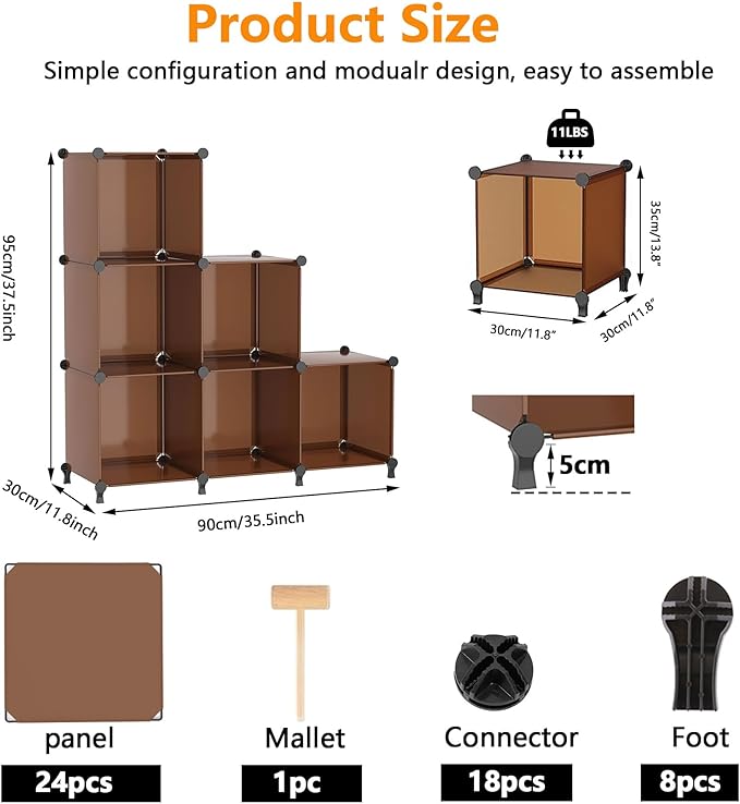 AWTATOS Closet Organizer, 6 Cube Storage Organizer, Closet Storage Shelves | DIY Stackable Closet Storage Cubes Shelf Bookshelf, Plastic Clothes Organizer Shelving for Bedroom, Home, Cocoa Brown