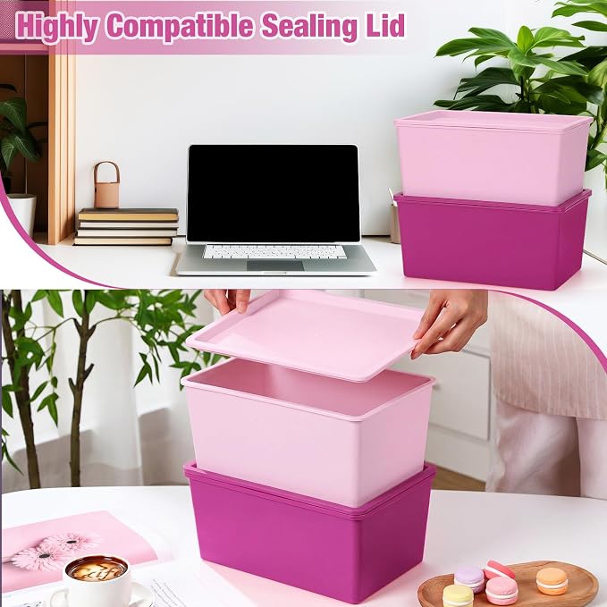 6 Pcs Storage Bins with Lids Small Plastic Storage Containers Stackable Storing Baskets Box Cute Organizer Bins for Organizing Shelves (Pink Series)