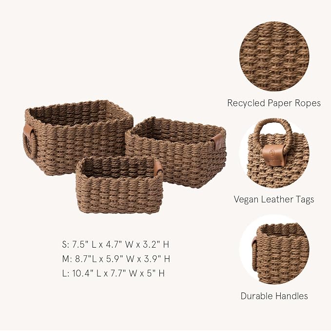 LA JOLIE MUSE Small Wicker Baskets For Organizing, Paper Rope, Brown 3 Pk | Decorative Organizer with Vegan Leather Tag, Round Handle, Storage Baskets for Shelves, Bedroom, Kitchen, Office and Home