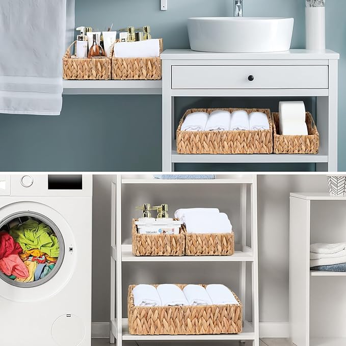 Pantry Baskets for Organizing, Wicker Basket Shelf Storage | Handwoven Pantry Organizers and Storage with Built-in Handles, Laundryroom Organization Storage Bins for Snack Cans