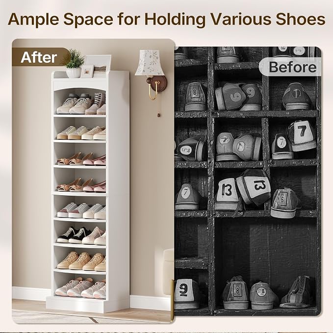 9-Tier Tall Shoe Rack, Wooden Shoe Storage Organizer, Narrow Shoe Cabinet with Removable Shelves for Small Spaces, Holds 18 Pairs of Shoes, for Entrance, Hallway, White SS22WT
