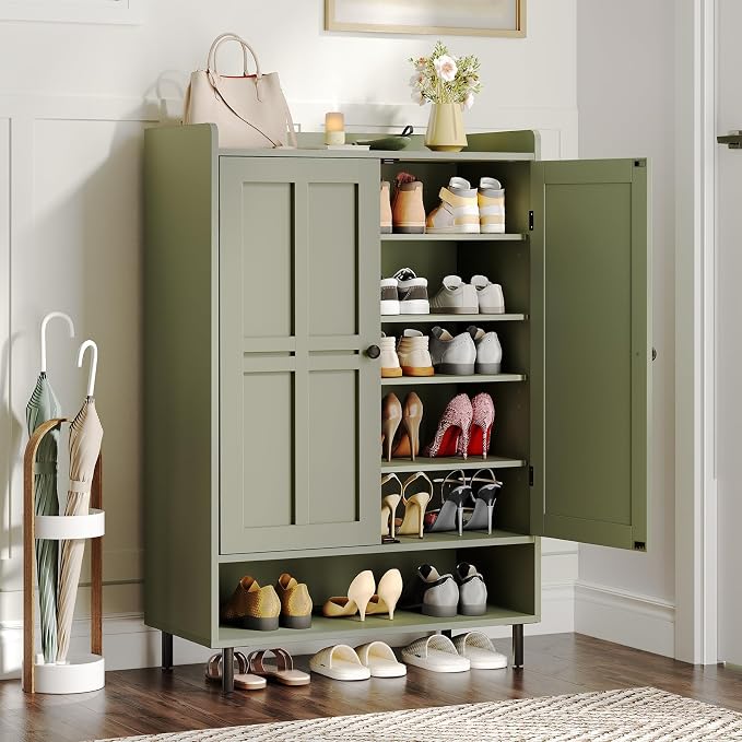 ONBRILL Shoe Cabinet with Cross Molding Doors, 6-Tier Shoe Storage Cabinet with 3 Adjustable Shelves and Metal Legs, 45'' Tall Shoes Rack Organizer Cabinet for Entryway, Front Door, Green
