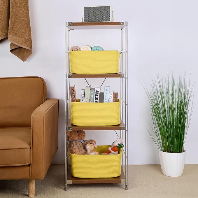 MiniArk Large Storage Baskets for Organizing, 17 x 13 x 7.5” Closet Shelf Baskets for Clothes Blanket Towels, Baby Nursery, Toy Bins Box, Woven Rope Baskets, 4 Packs Yellow