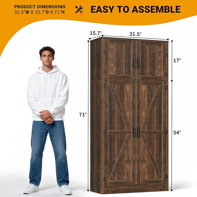 Unikito 71” Tall Kitchen Pantry Storage Cabinet with Adjustable Shelves | Large Farmhouse Storage Cupboard, Barn Doors, Sturdy and Deep, Versatile for Dinning Room, Living Room, Weathered Brown
