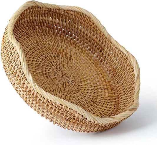 YANGQIHOME Rattan Bread Basket, Round Fruit Baskets, Wicker Storage Bowls, Natural Woven Serving Basket Bowls, Decorative Baskets for Kitchen Counter Organizing (Natural S)