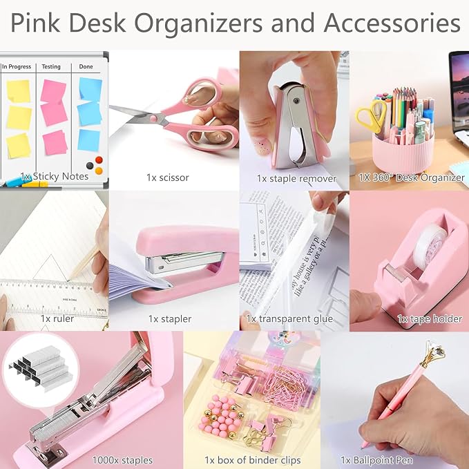 Office Supplies,School Supplies,Purple Desk Accessories,Desk Organizer,Scissors,Stapler,Tape Dispenser,Binder Clips,Staples,Staple Remover,Sticky Notes,Clear Tape,Pen,Ruler,Best Gift,11pcs