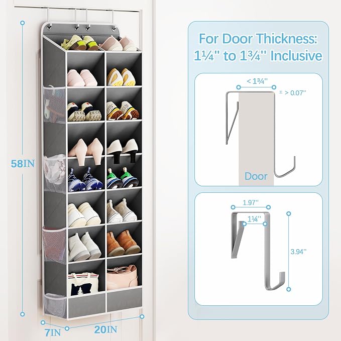 Yecaye 16-24 Pairs Over the Door Shoe Organizer, Large Capacity Hanging Shoe Rack for Door Hanger with Deep Pockets, 8 Tier Shoe Holder for Sneakers Boots Heels College Dorm Essentials, Grey
