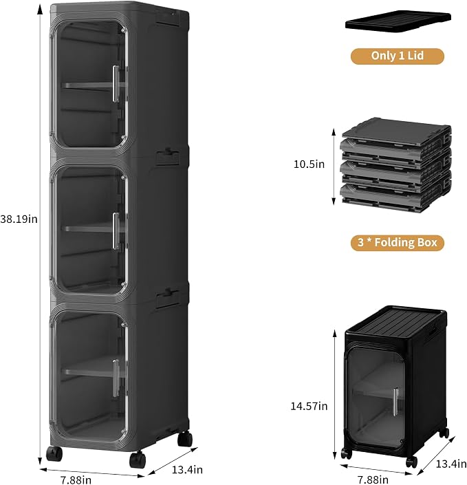 3-Tier Narrow Slim Bathroom Storage Cabinet with Wheels, Black | Tool Free Assembly, Adjustable Shelves, Fits for Narrow Spaces, Reinforced Stability, Magnetic Clear Door