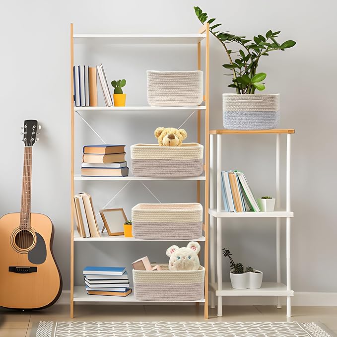 COMFY-HOMI 13" x 8.5" x 5.1" Storage Baskets for Organizing | Cotton Rope Woven Basket | Toy Storage Bin Box | Basket for Shelves, Closet Organizer Bin, Decorative Closet Shelf, 3 Pack