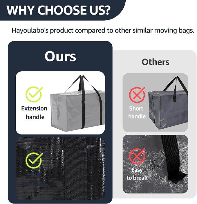 Moving Bags Heavy Duty Extra Large, Moving Boxes, Moving Supplies Essentials, Blue Storage Bins with Lids, Plastic Packing Totes, Storage Bags for Clothes with Handles & Zippers(Black, 6 Pack)