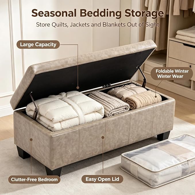 41.5 Inch Light Gray Faux Leather Storage Ottoman Bench for Small Spaces | 2.8 cu ft storage capacity,660 lbs weight limit,solid wood legs,fits modern nordic home decor