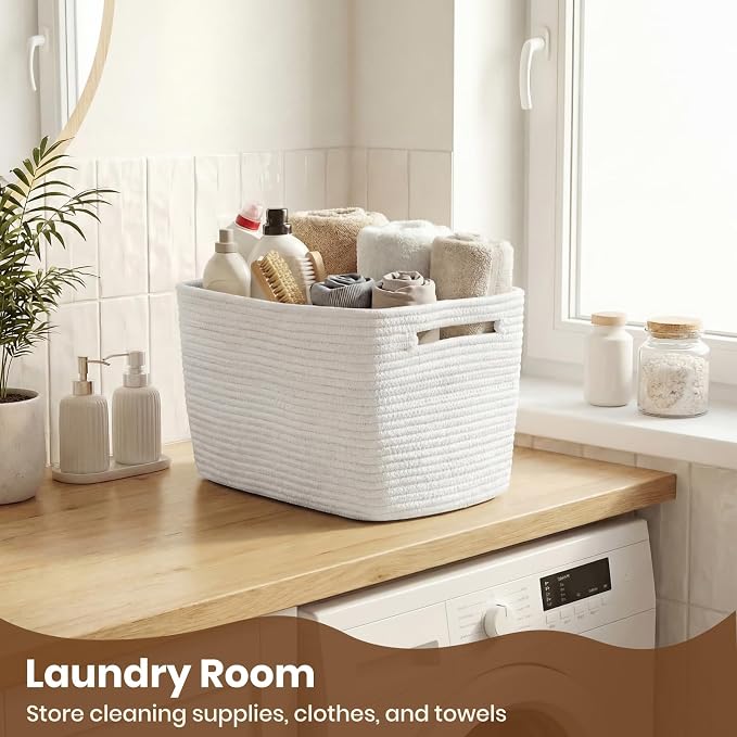 Storage Baskets for Organizing, 14 x 10 x 9” Closet Shelf Woven Baskets, Square Bins with Handles, Cotton Rope Basket for Clothes, Office, Room, White 1 Pack