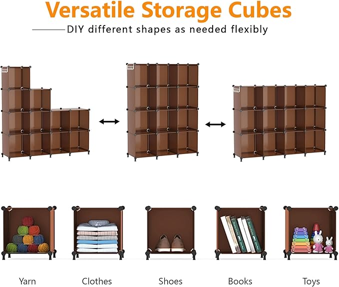 AWTATOS Closet Organizer, 12 Cube Storage Organizer Shelves, Cocoa Brown | Portable Closet Organizers Storage Shelves, DIY Stackable Bookshelf, Plastic Clothes Organizer Shelving for Home, Bedroom